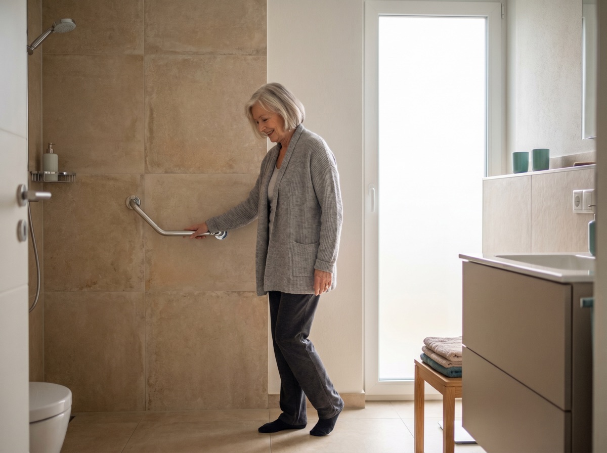 Aeltere Person nutzt sicher eine barrierefreie Dusche